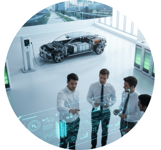 Zdjęcie wygenerowane przez ai. Czterech specjalistów analizuje dane na futurystycznym interfejsie holograficznym w nowoczesnym centrum badawczym. W tle widoczny jest model samochodu elektrycznego oraz wizualizacja miasta zasilanego energią odnawialną.